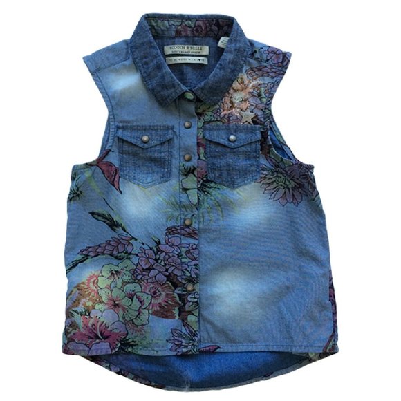 Scotch R'Belle Girls Sleeveless Floral Denim Shirt - Picture 1 of 2